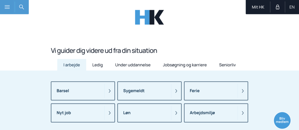 HK A-kasse og Fagforening hjemmeside